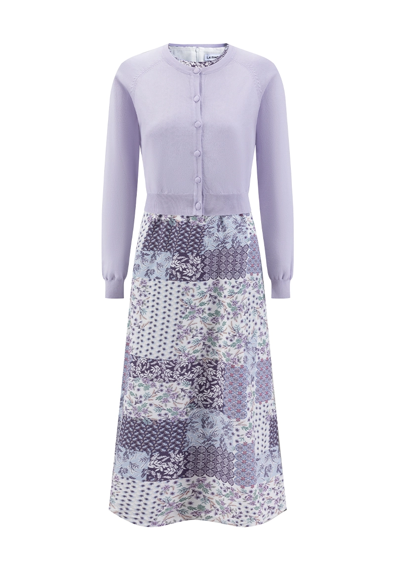 Light Lavender Knit Cardigan Patchwork Floral Quilted Midi Dress Vepeen Apparel 1