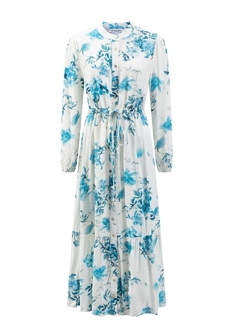Ink-Style Blue-White Floral Print Shirt-Collar Drawstring Waist Maxi Dr Vepeen Apparel 1