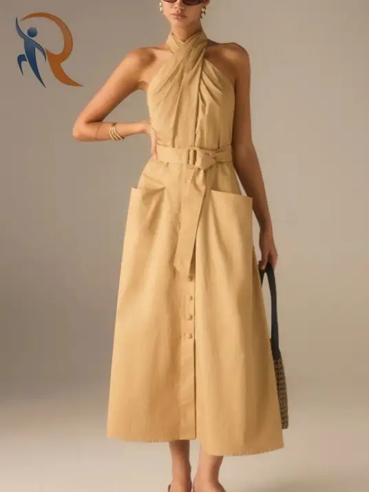 فستان ميدي قطني مطوي بياقة هالتر وحزام 1