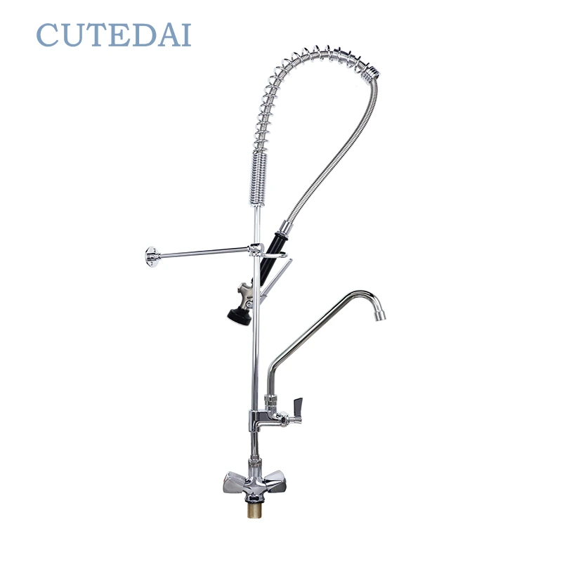 Contemporary Commercial Style Dual Handle Pull Down Kitchen Faucet Pre Rinse Sink Spray with Brass Deck Mounted for Hotels 1