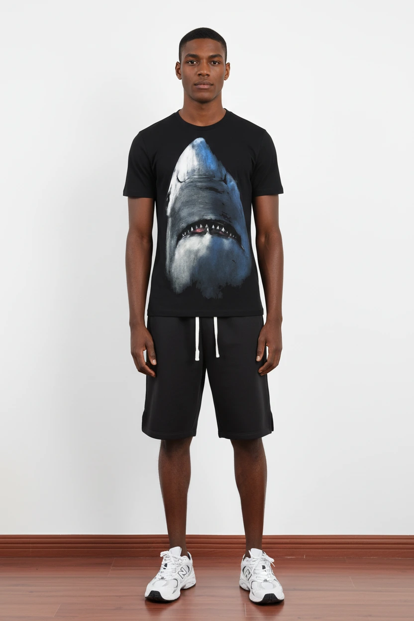 280 GSM Hyper-Realistic Shark Print DTG-Printed Heavyweight Cotton-Jersey Round Neck T-Shirt-PTTS001 1