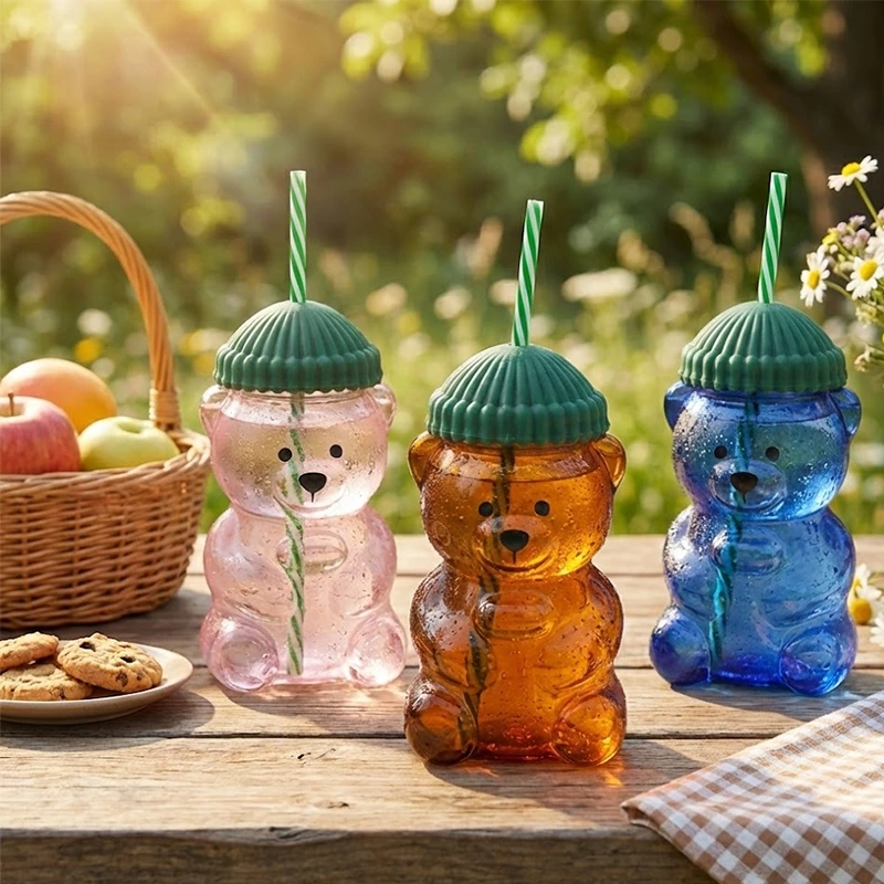 600-ml-Bären-Glasbecher, sprühlackiert, BPA-frei, auslaufsicher, mit Hutdeckel 1