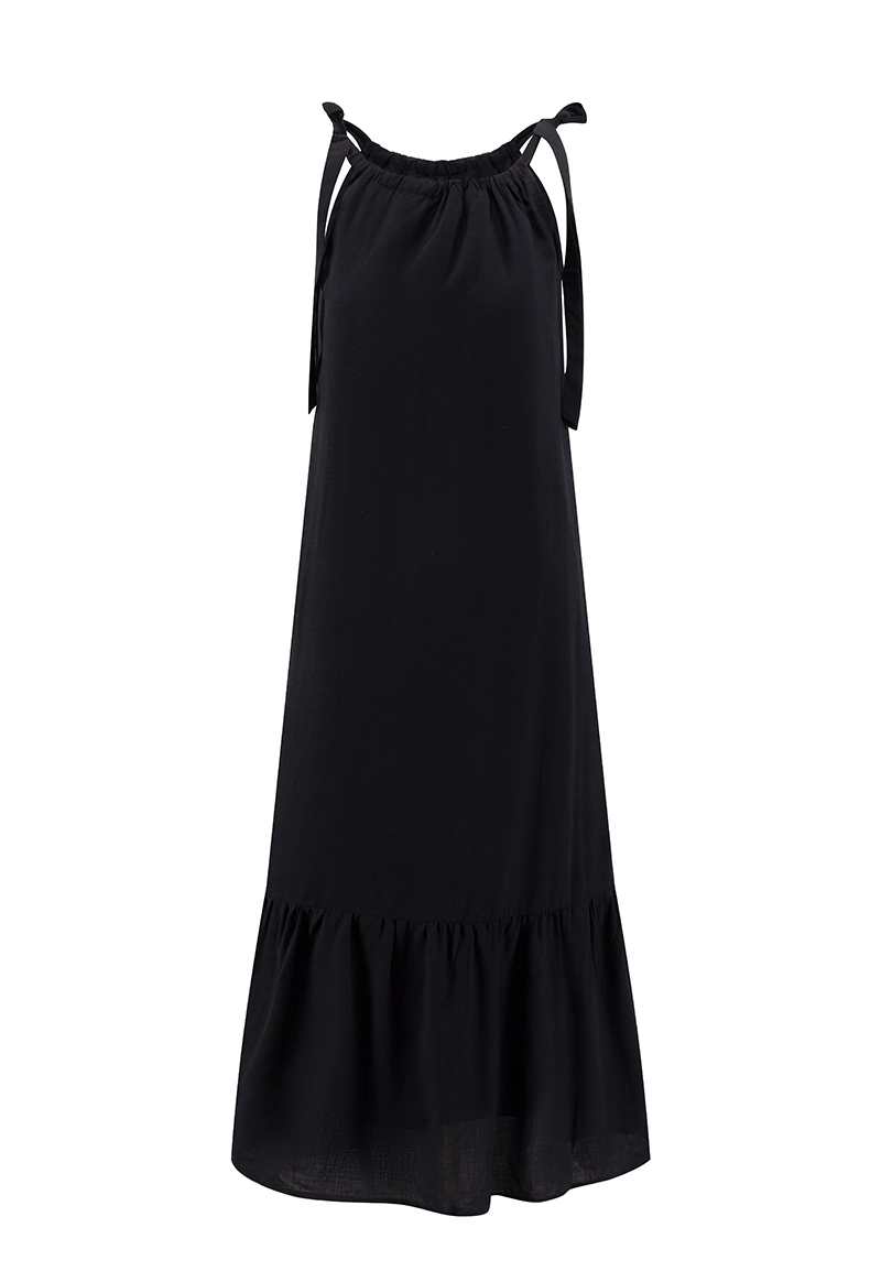 ブラック 調節可能なタイストラップ スパゲッティストラップ ティアードフリルヘム マキシドレス Vepeen Apparel 1