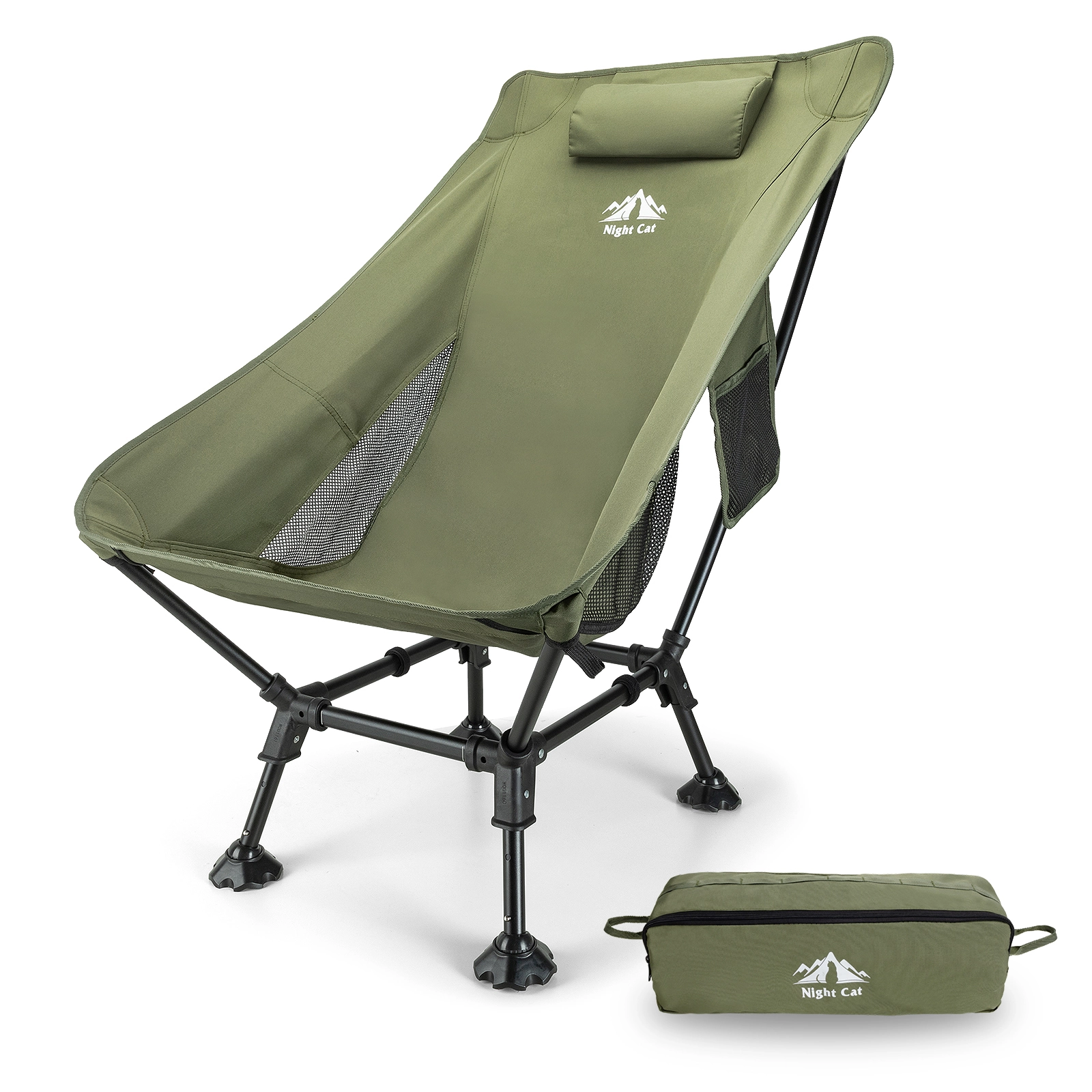 Night Cat Hochlehnen-Campingstuhl: Leichter, bequemer Rucksackstuhl mit Kopfstütze und rutschfesten Füßen für Wanderungen, geeignet für Rasen und Berge, 150 kg, Grün 1
