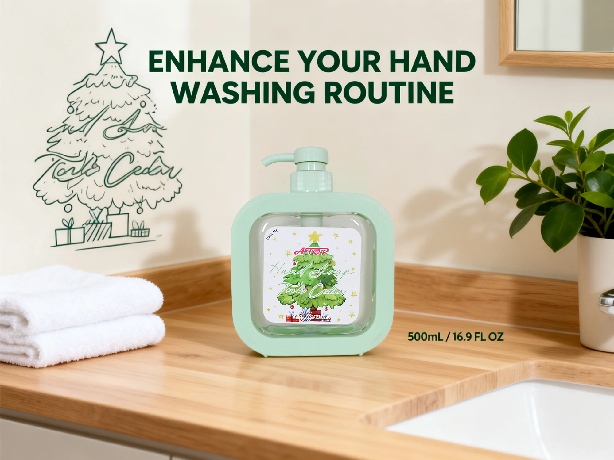 ATOP Teak Cedar Hand Soap - 16.9 Fl oz / 500 mL | تہوار جنگل کی خوشبو کے ساتھ کرسمس ایڈیشن 2
