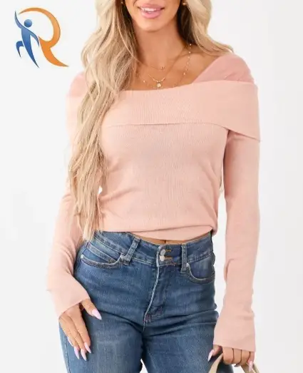 Tea Rose Cropped Off Shoulder Long Sleeve Knit Top 1
