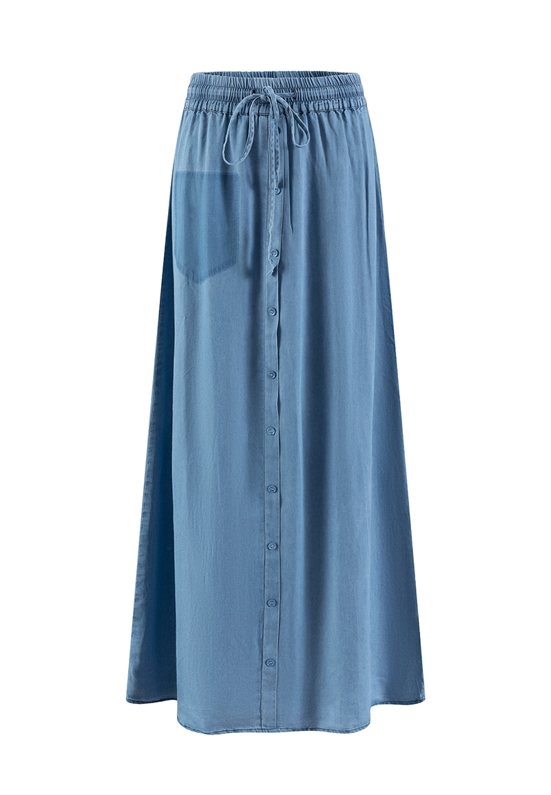 Light Blue Washed Drawstring High-Waist Full-Button Placket Side Pocket Maxi Casual Vepeen Apparel 1