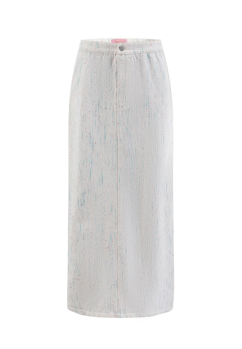 Light Beige Speckled Texture High-Waist Single-Button Midi Commute Casual Skirt Vepeen Apparel 1