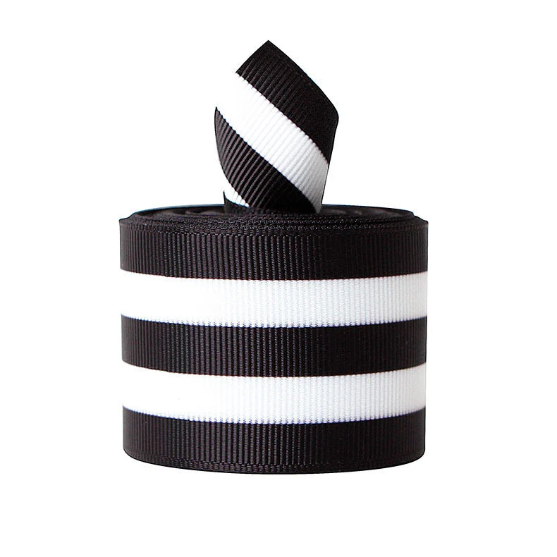 Striped polka dot designs can be applied to various ribbon materials. 1