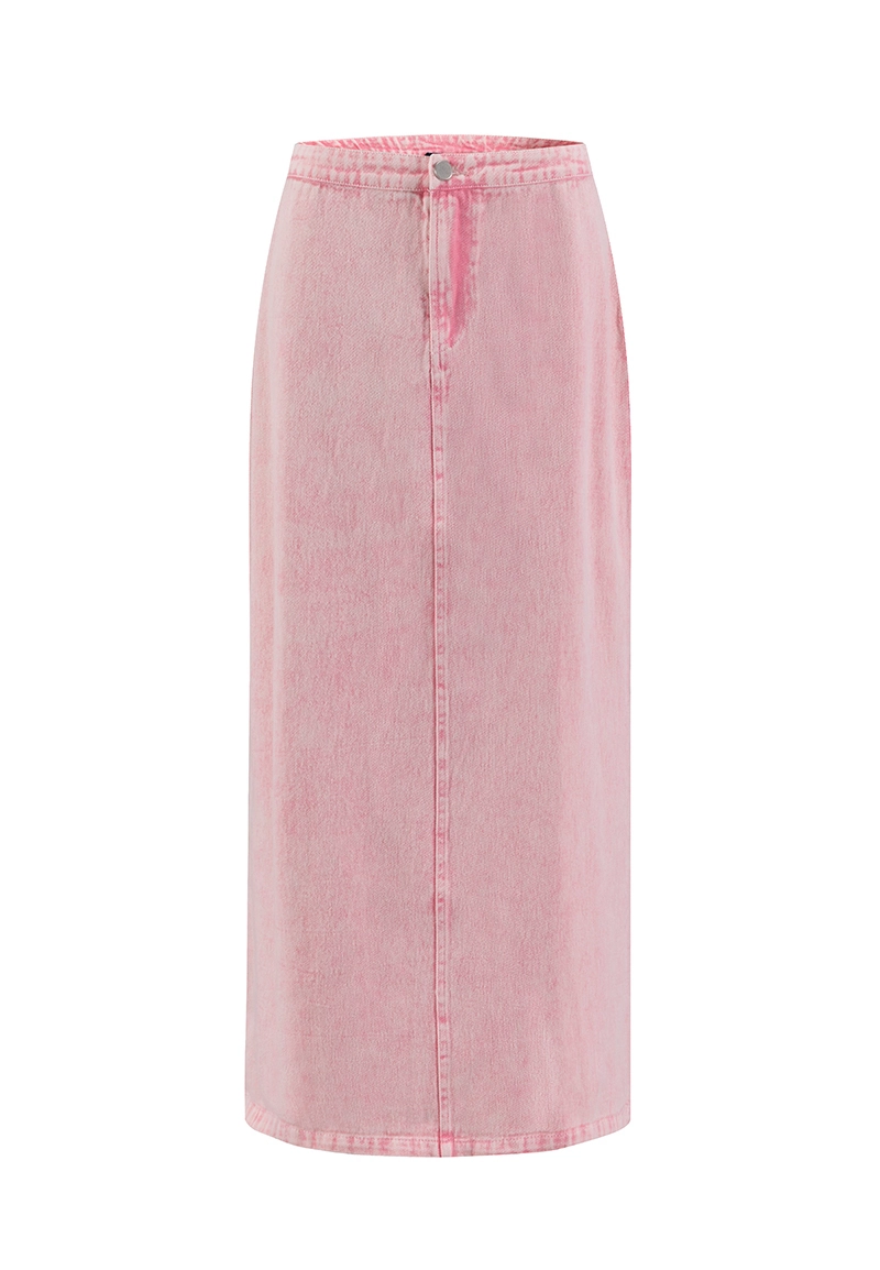 Women Pink Washed Midi Straight Denim Skirts Vepeen Apparel 1