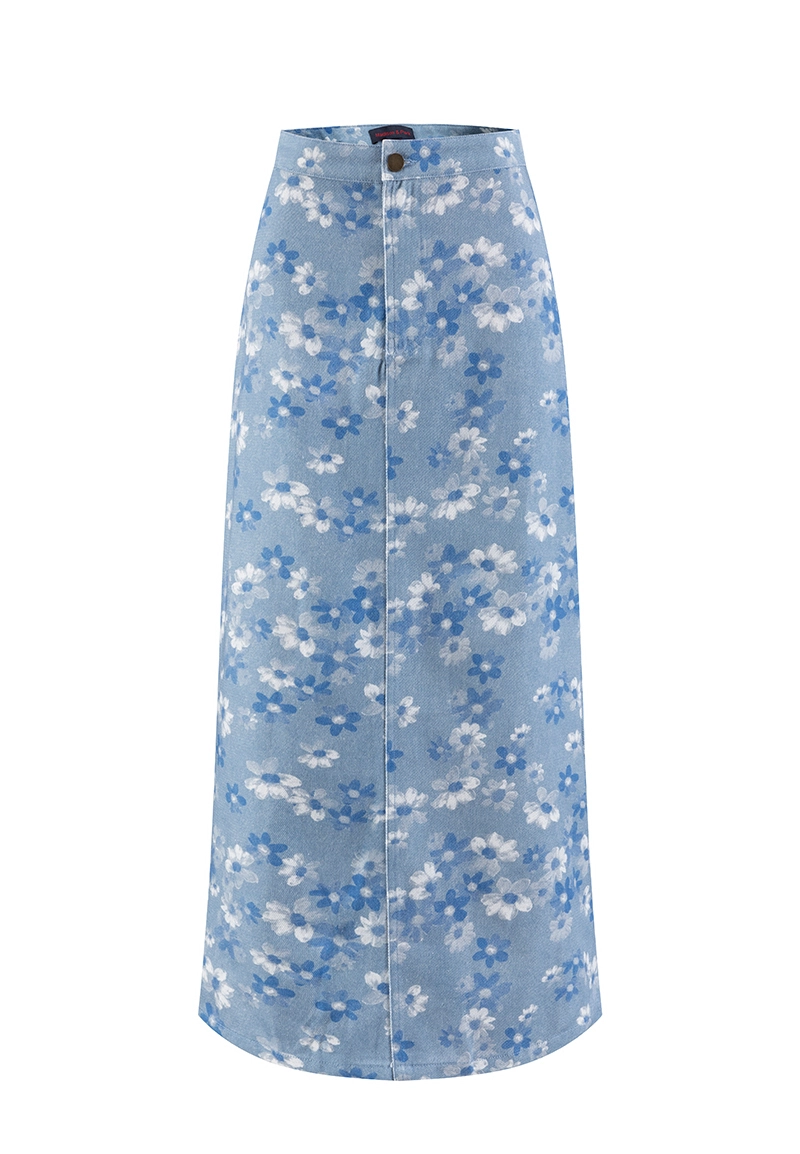 Ladies Light Blue Floral Cotton Denim Maxi Straight Skirts Vepeen Apparel 1
