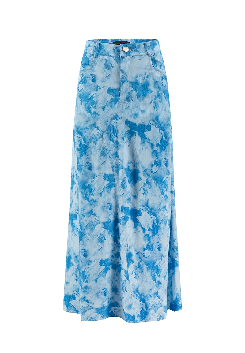 Blue & White Tie-Dye Print High-Waist Denim Maxi Casual Skirt Vepeen Apparel 1