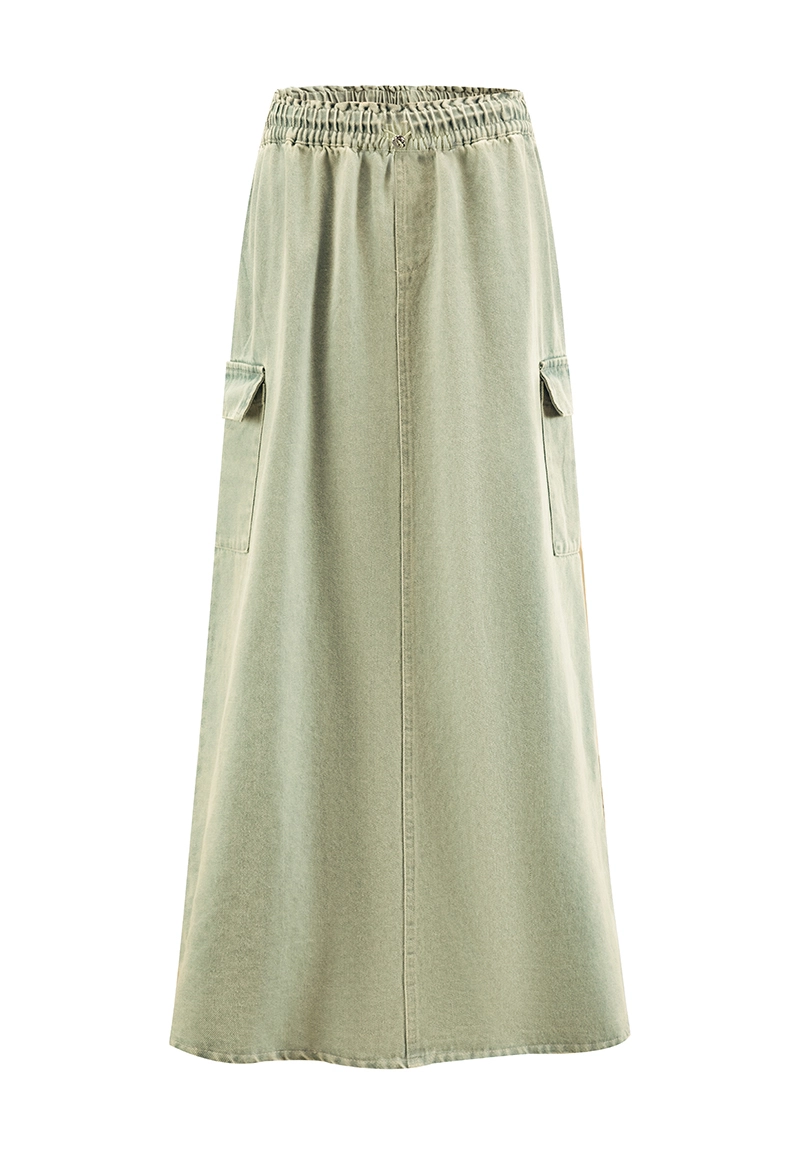 Light Sage Green Smocked Waist Cargo Pocket Washed Maxi Casual Skirt Vepeen Apparel 1