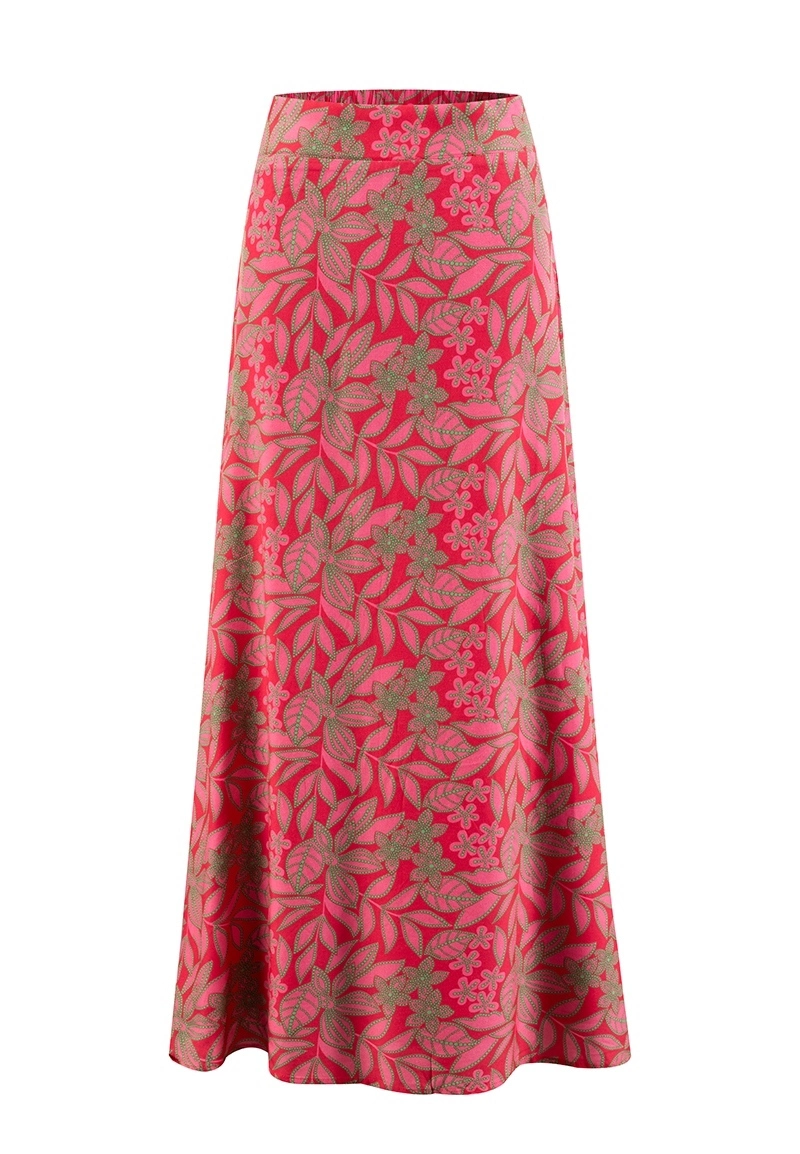 Fuchsia Green Leaf Floral Print Smocked Waist Flared Maxi Casual Skirt Vepeen Apparel 1