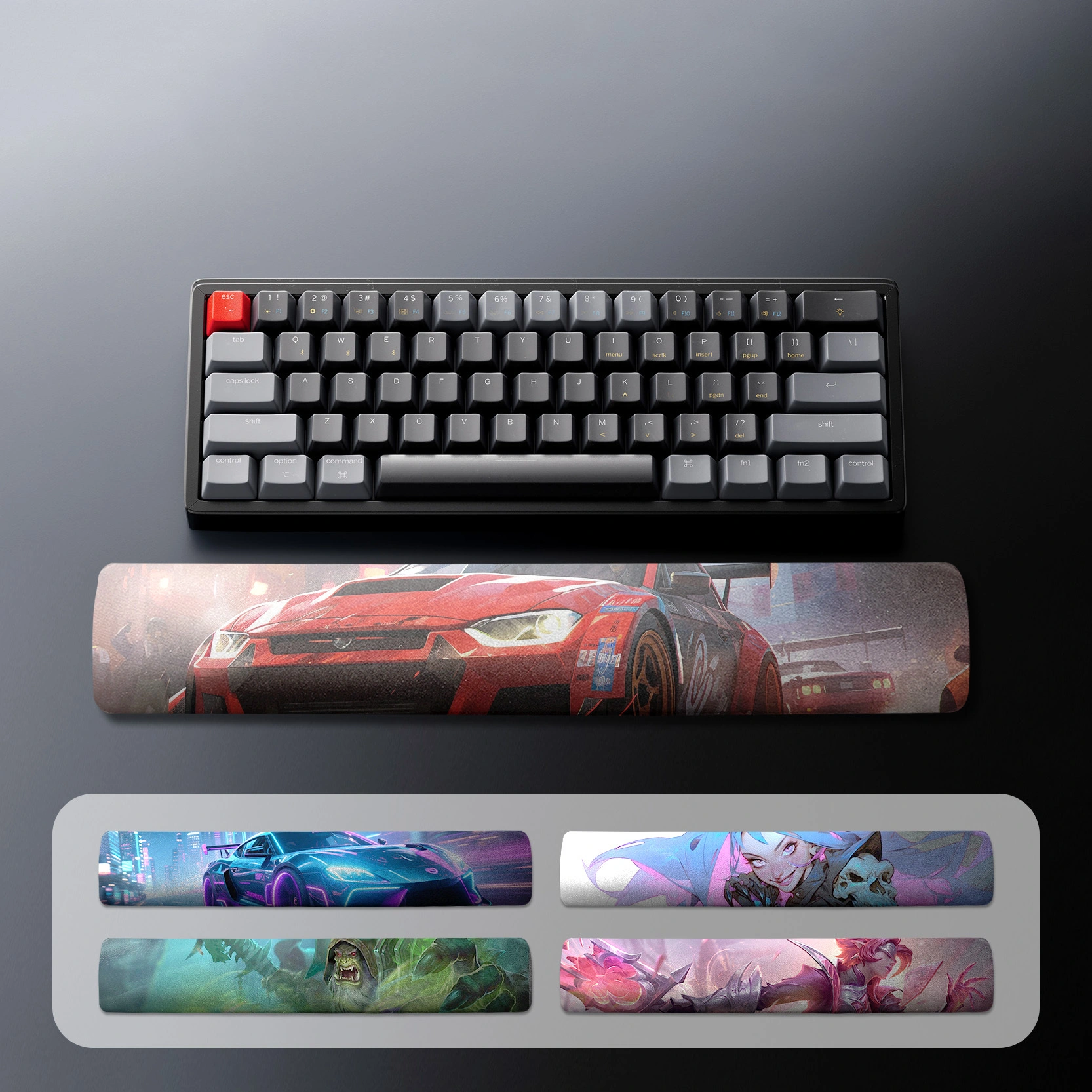 KLJ-5061 gel-filled wrist rest for keyboards with elastic cloth surface and non-slip PU base. 420×70×18mm compact design reduces wrist strain for office and typing use. 1