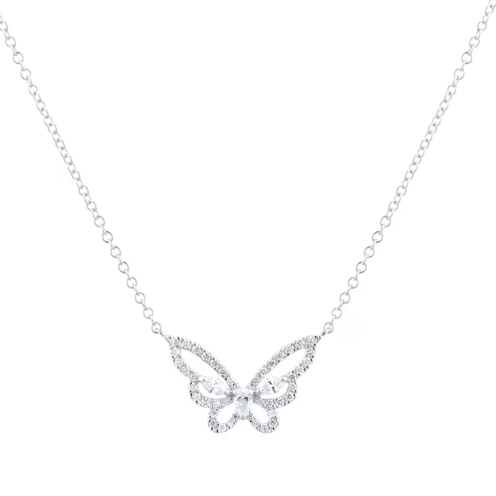 18ct White Gold Round Brilliant Cut Lab Grown Diamond Butterfly Necklace 1