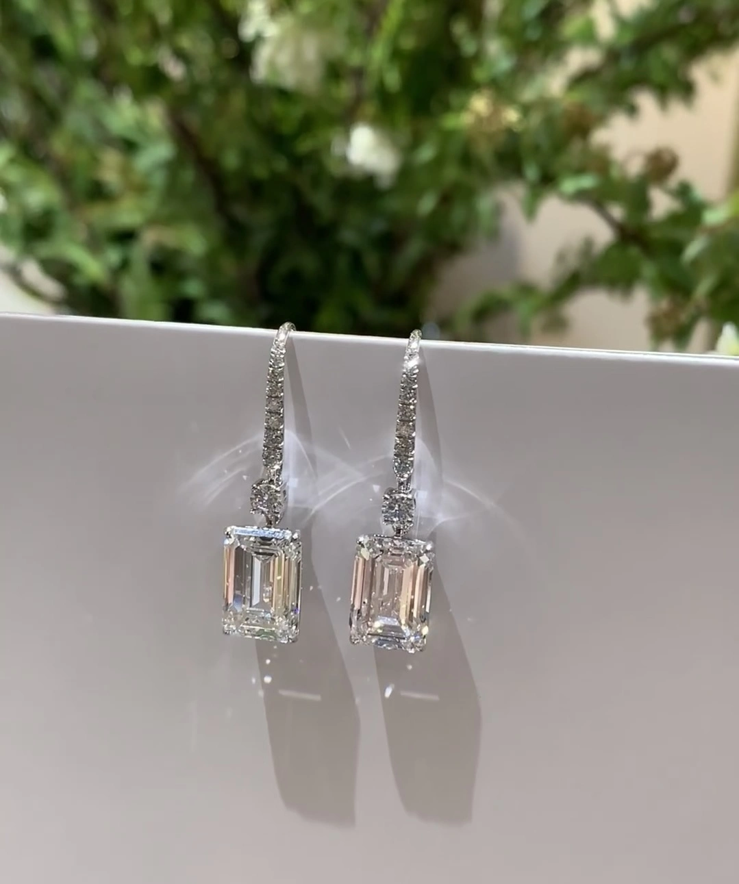 18K White Gold Lab Diamond Earrings 2.66ct Emerald with round side stones Custom-made Earrings 1