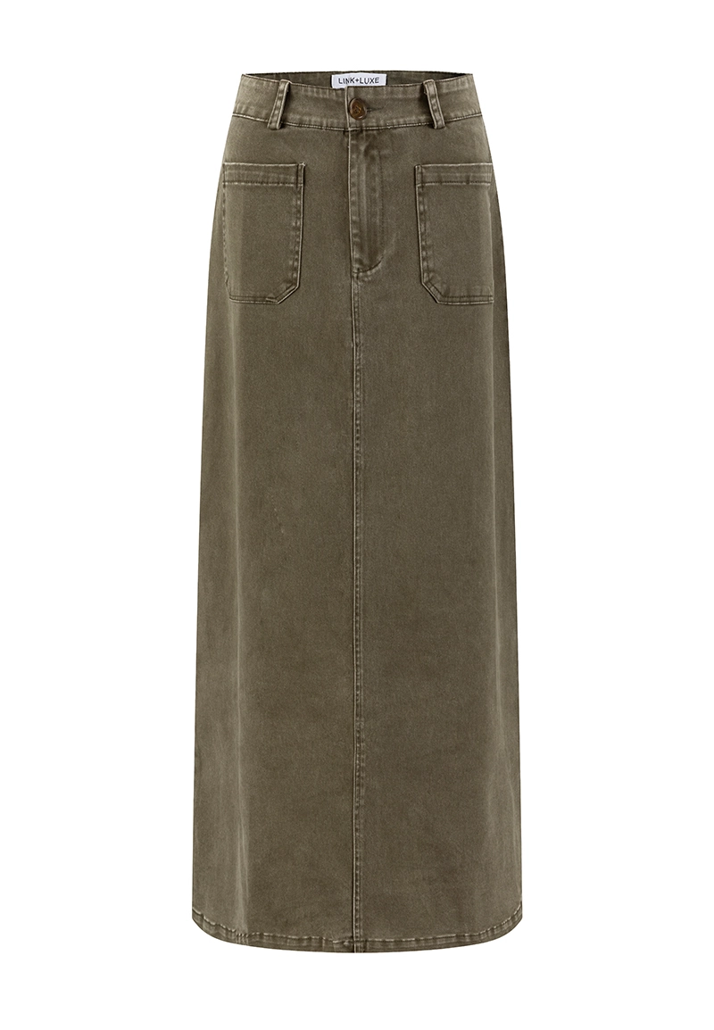 Women Casual Olive Washed Long Denim Long Maxi Skirts Vepeen Apparel 1