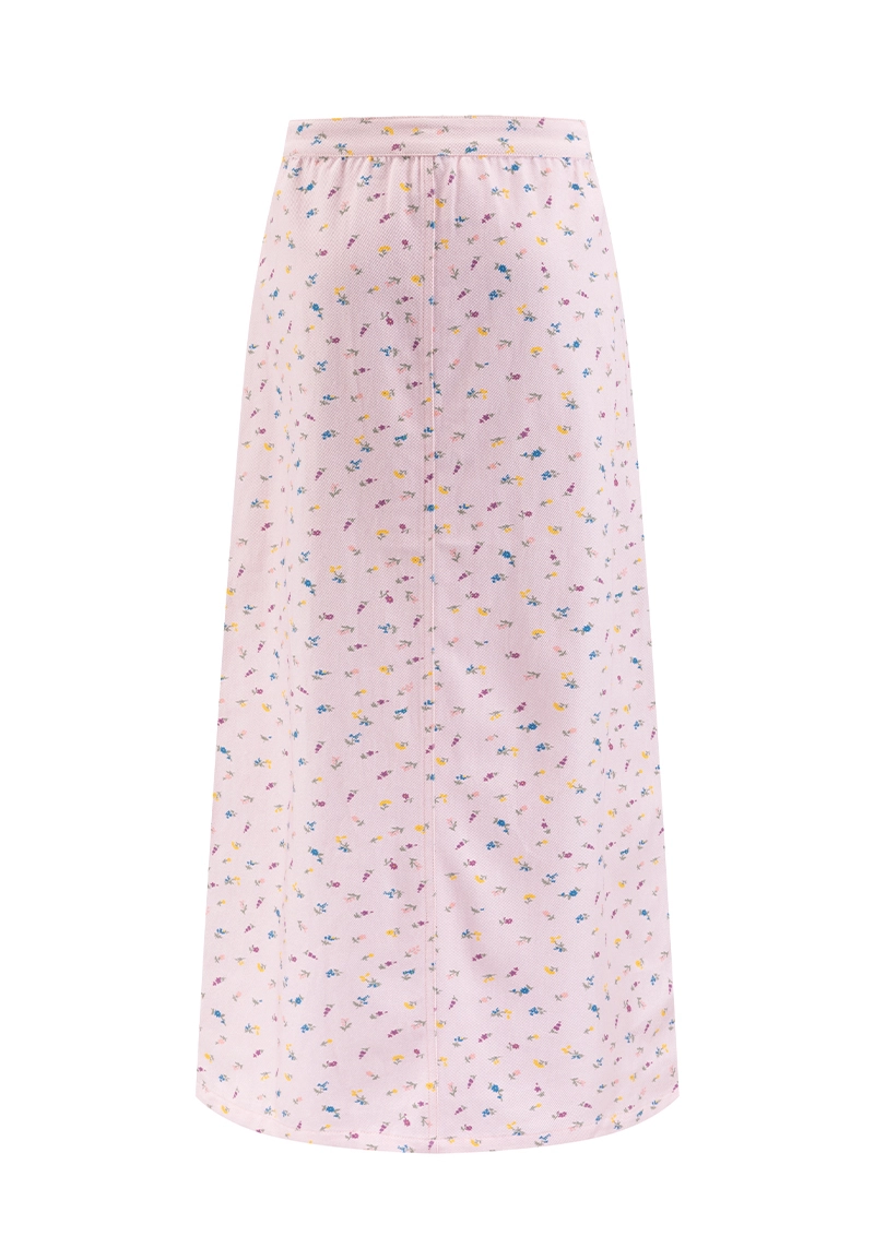 Light Pink Ditsy Floral Print High-Waist Button-Front Midi Straight Skirt Vepeen Apparel 1