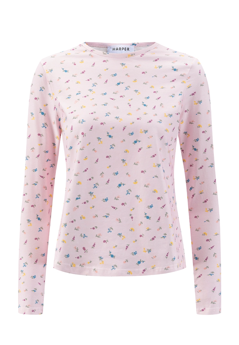 Light Pink Ditsy Floral Print Crew Neck Slim-Fit Long-Sleeve Top Vepeen Apparel 1