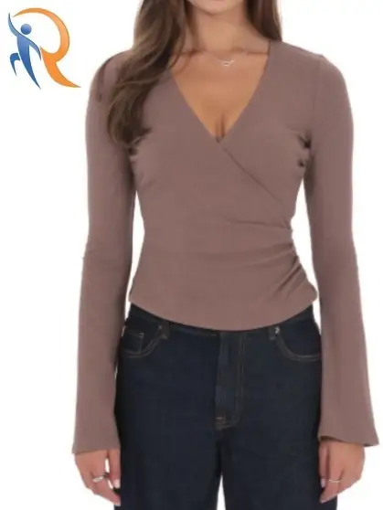 V-Neck Overlap Top in Taupe 1
