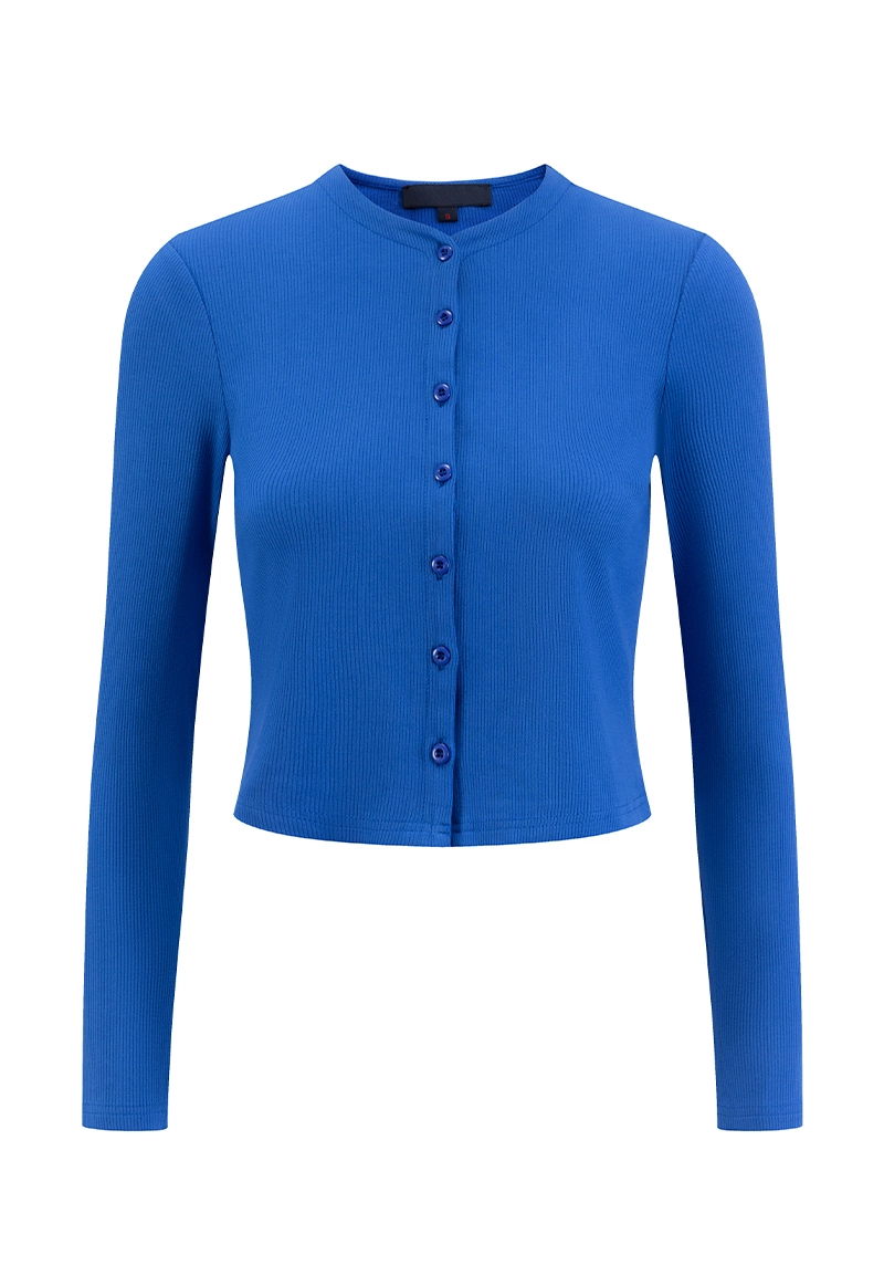 Bright Blue Ribbed Knit Stand Collar Button-Front Cropped Long-Sleeve Cardigan Vepeen Apparel 1