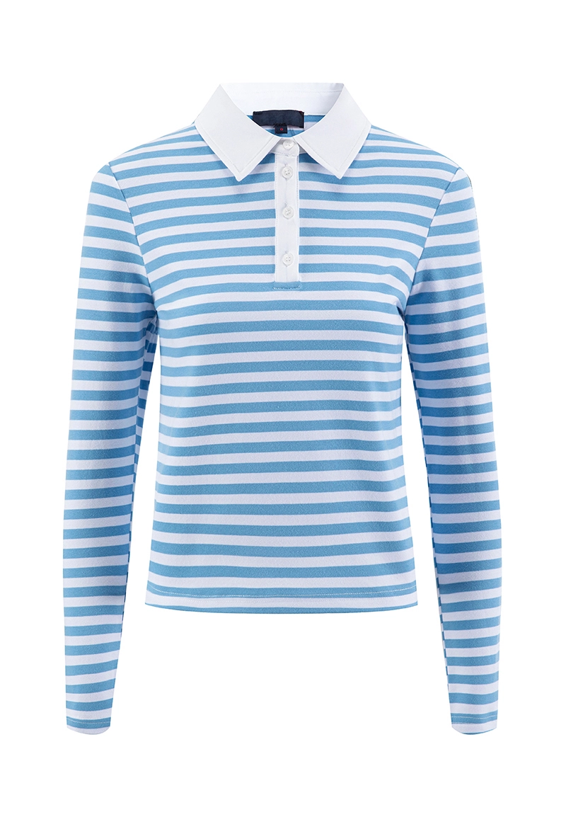 Ladies Colorful Striped Long-Sleeve Polo Tops With Contrast White Collar Vepeen Apparel 1