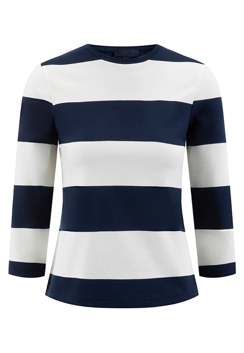 Navy Wide-Stripe Crew Neck Three-Quarter Sleeve Slim-Fit Top Vepeen Apparel 1