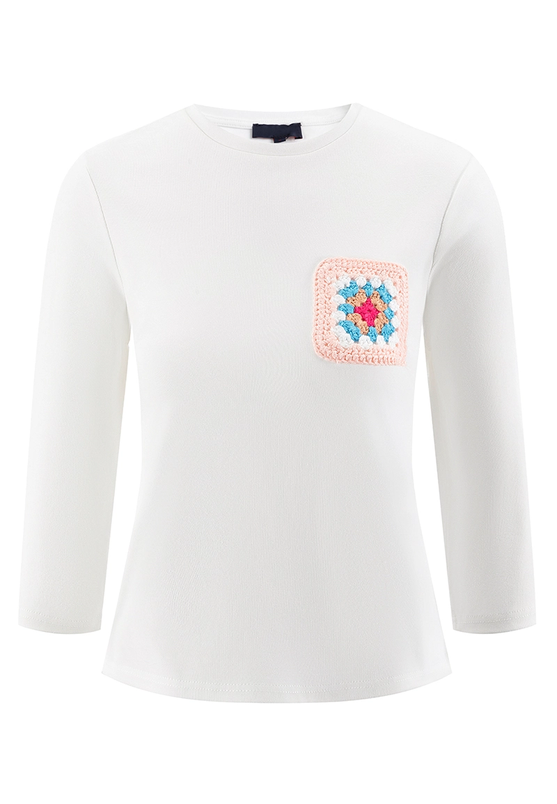 White Crew Neck Three-Quarter Sleeve Slim-Fit Top with Crochet Patchwork Pocket Vepeen Apparel 1