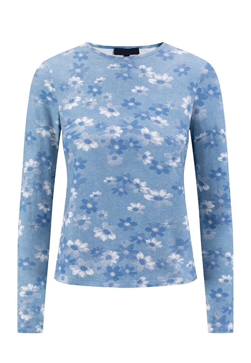 Women’s Light Blue Floral Print Casual Knit Cotton Top Vepeen Apparel 1