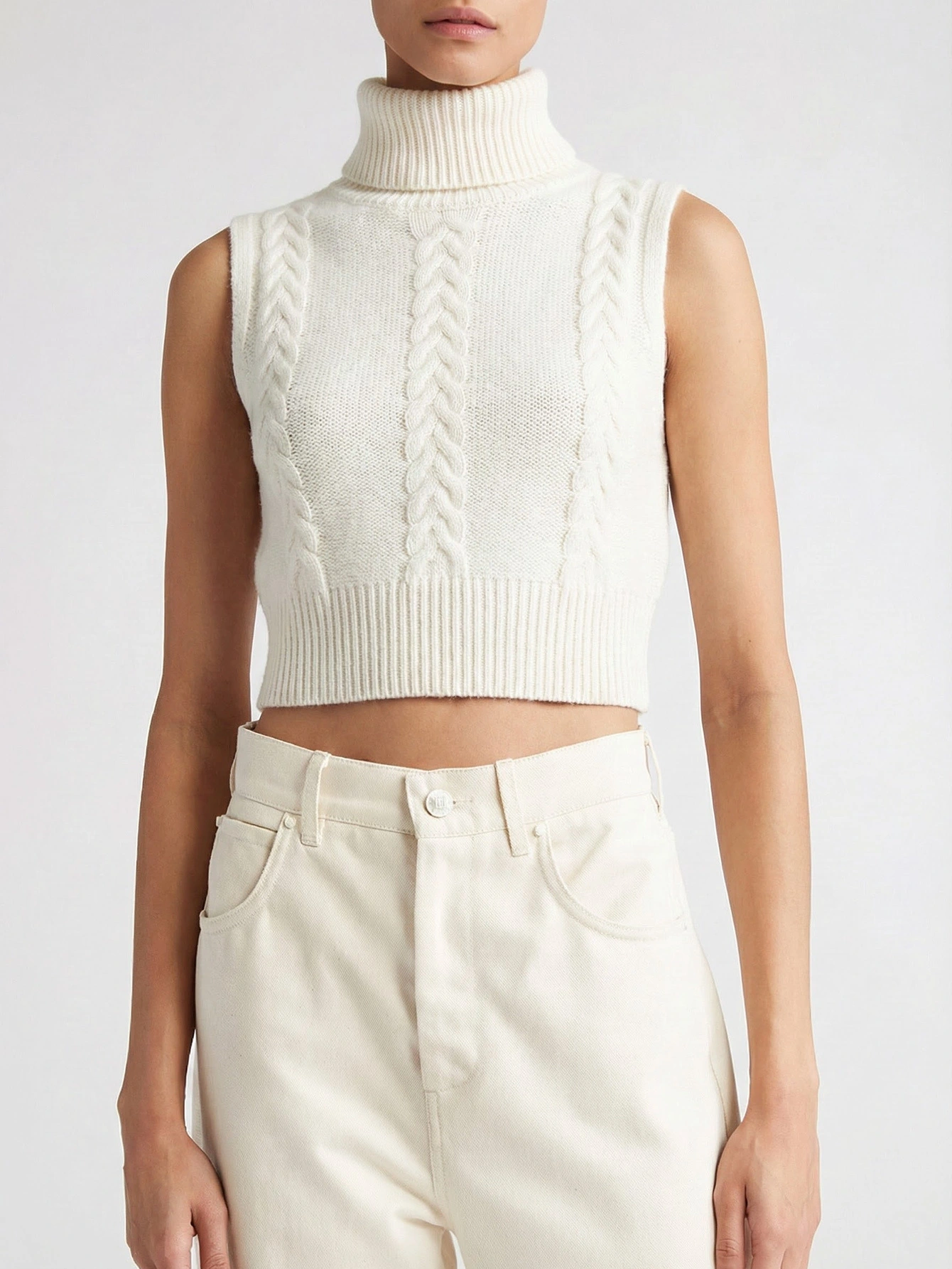 Fan Flo Women's Knitwear Classic Cable Knit Sleeveless Turtleneck Knit Vest Two-Piece Set 1