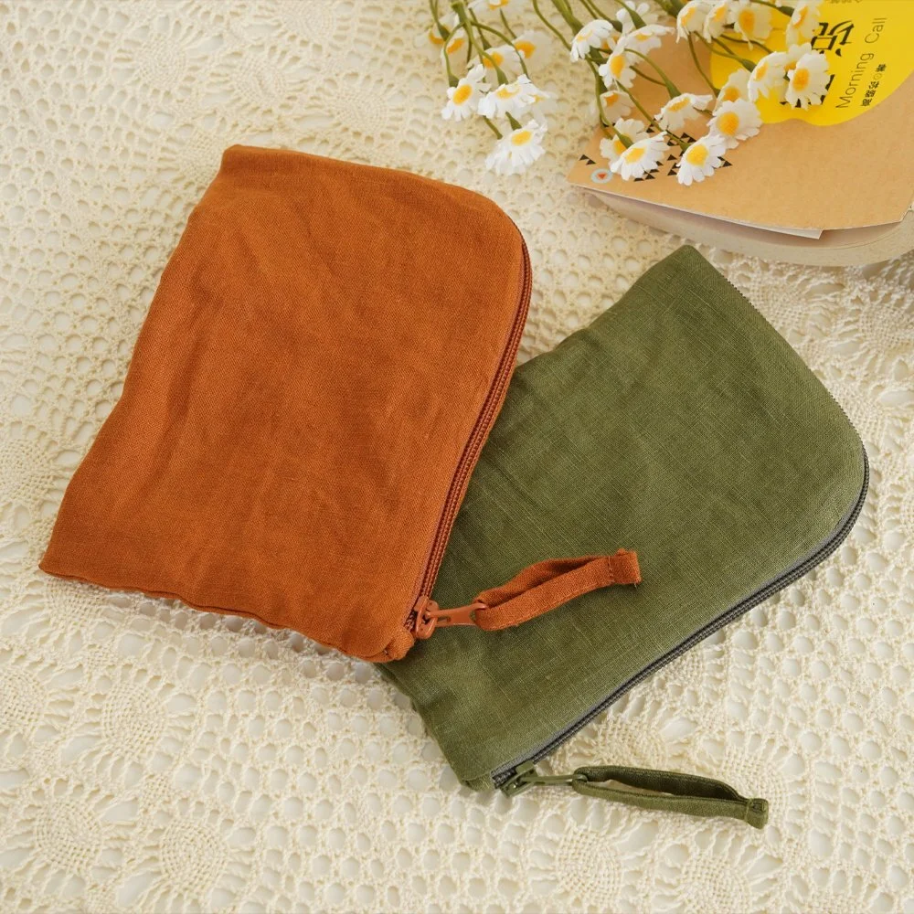 Solid Color French Linen Fabric Zipper Closure Cosmetic Bag Make up Pouch 1