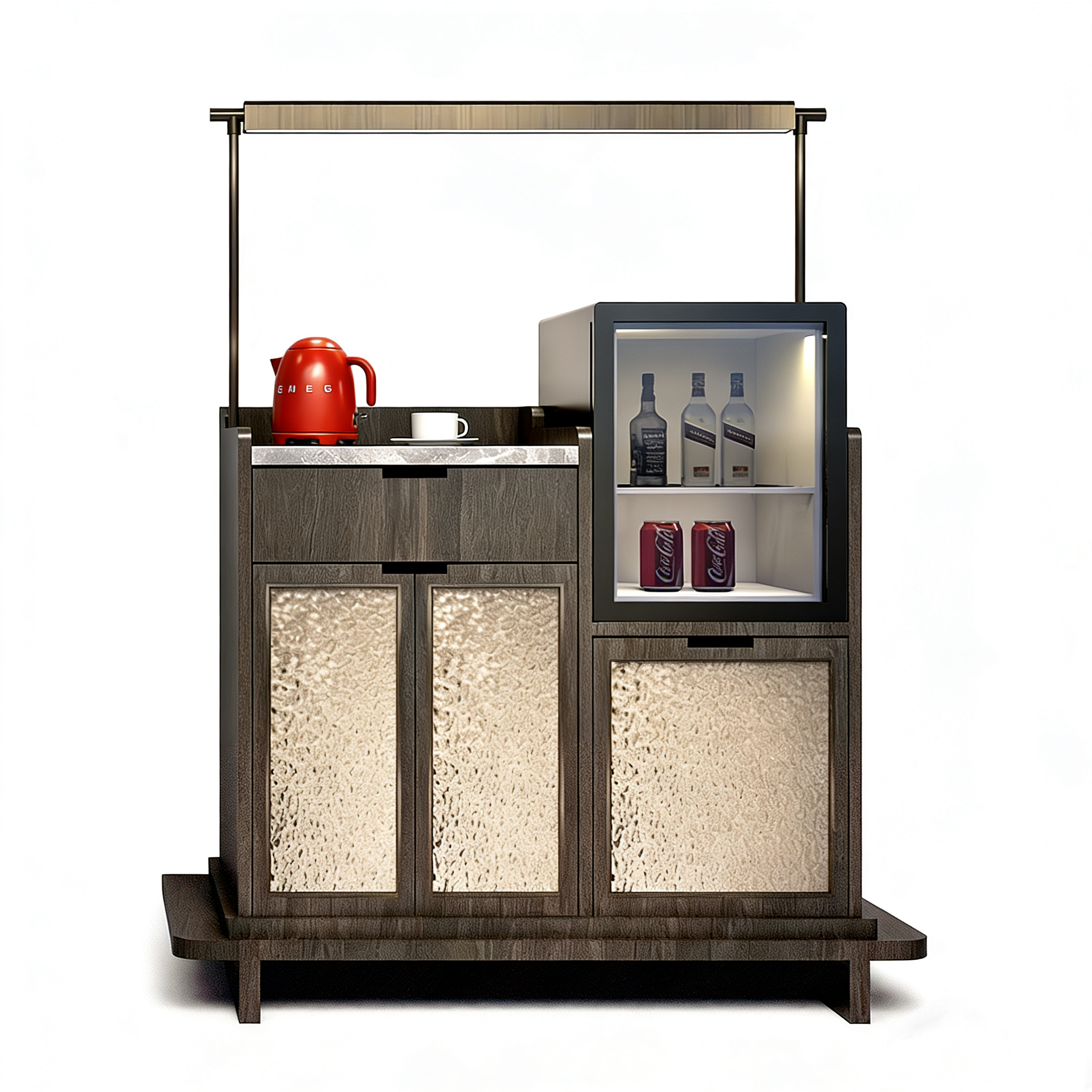 Hotel Mini Bar Cart - Wood Frame with Glass Door Fridge & Textured Panels | Luxury Hotel Room Furniture M-1004 1