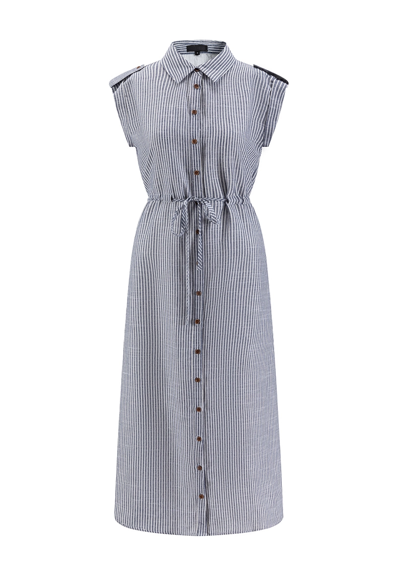 Blue & White Vertical Stripe Collared Sleeveless Epaulet Button-Front Drawstring Waist Midi Shirt Dress Vepeen Apparel 1