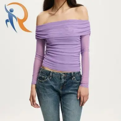 Cotton On Purple Ashley Off Shoulder Mesh Long Sleeve Top 1