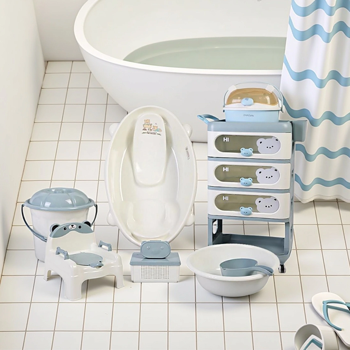 Stainless Baby Plastic Bathtub, Children's Multifunctional Bath Set (9-Piece) 1