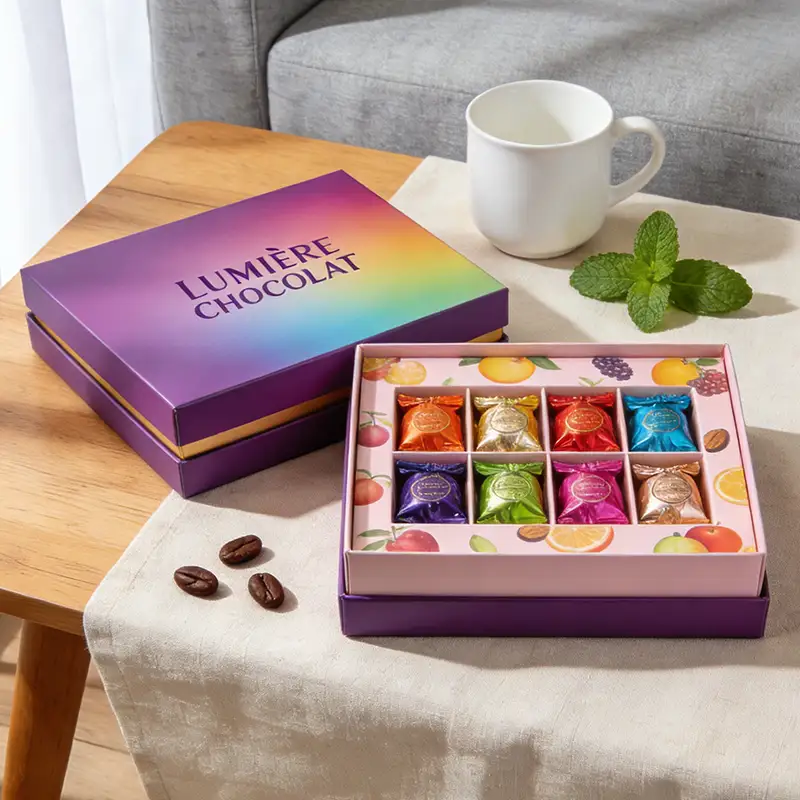 عينة مجانية من ورق فني فاخر قابل لإعادة التدوير مطبوع بأربعة ألوان، علبة تغليف شوكولاتة مخصصة، مقاومة للماء، مصنوعة من مواد آمنة غذائياً 1