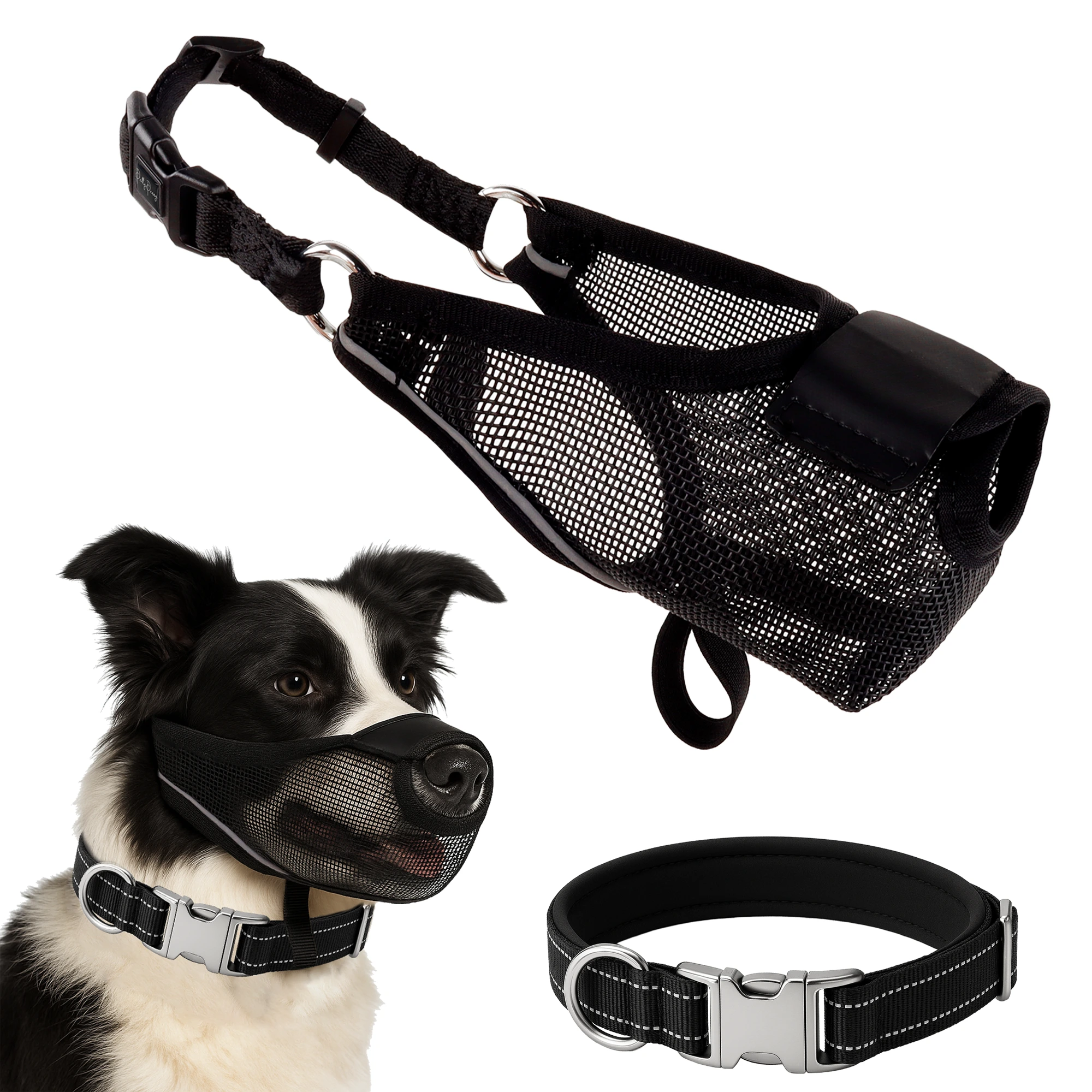 Ajustable Air Mesh Soft Dog Muzzle Prevents Biting Chewing Licking with Collar for Grooming Allows Panting and Drinking 1