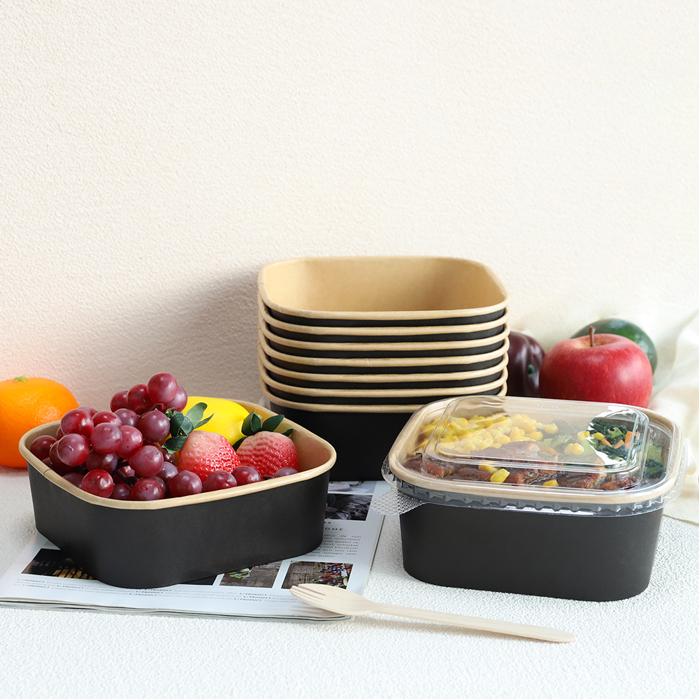 Recipiente retangular de papel kraft para alimentos, 650ml, tigela quadrada de papel kraft para lancheira ou salada. 1