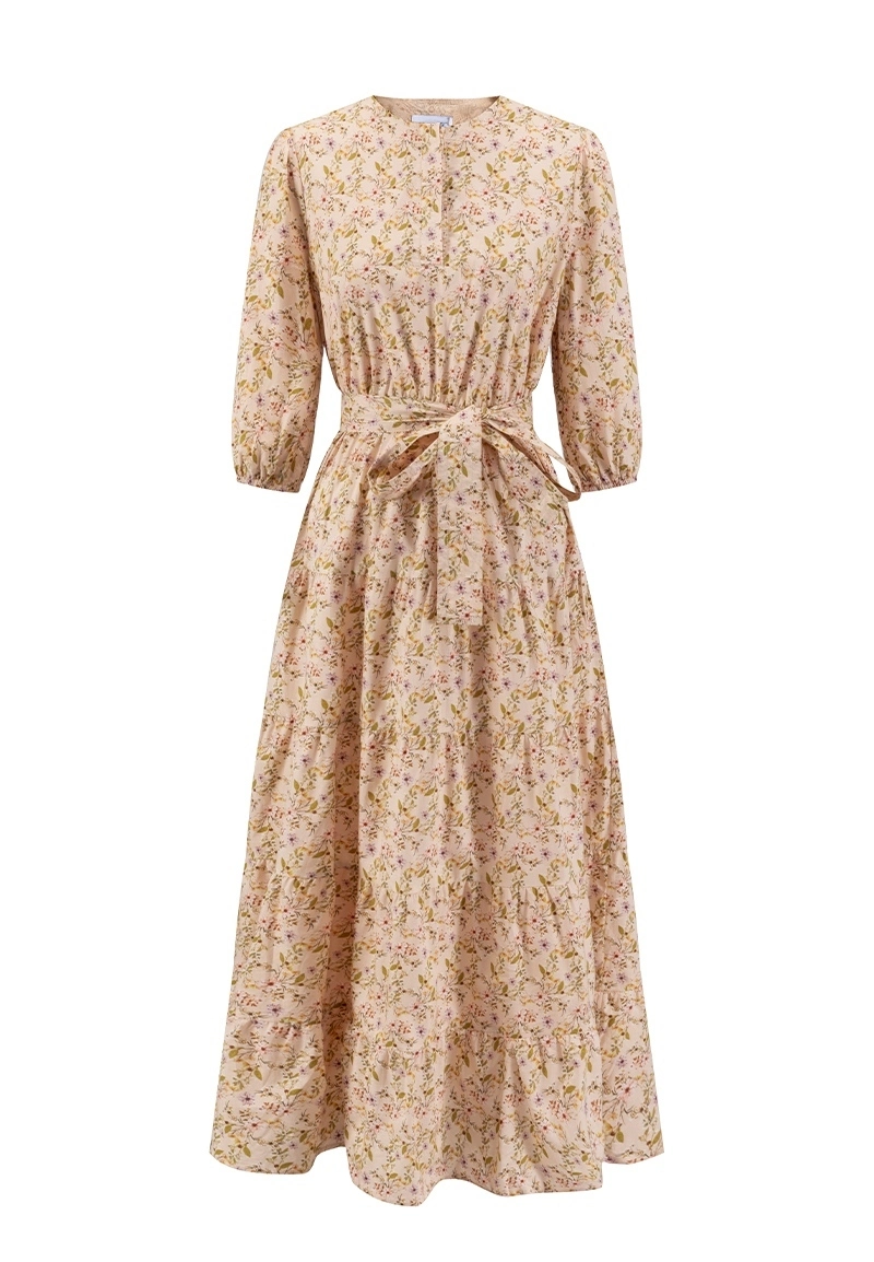 Women Cotton Print Tiered Maxi Dresses With Belt Vepeen Apparel 1