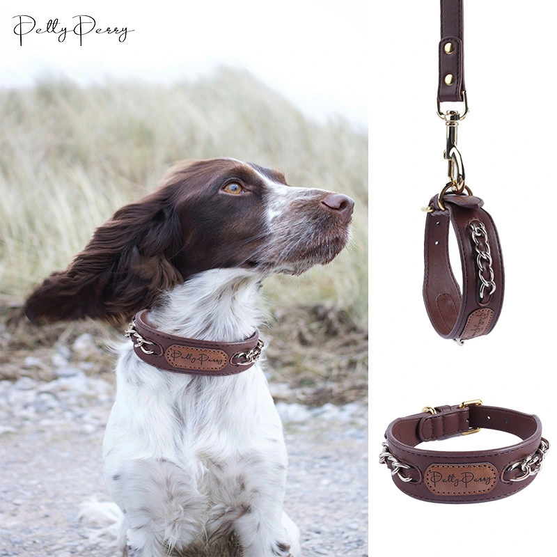 Dog Collar & Leash Set – PU Leather with Chain Design, Full Metal Hardware, Customizable Leather Logo, Non-Hair-Pinching Pin Buckle, Wide Neck Comfort for Medium/Large Dogs 1