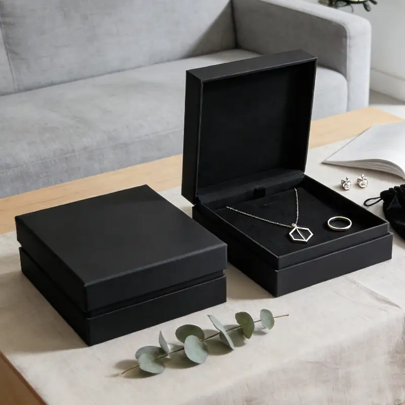 علبة مجوهرات ثقب مصنوعة من ورق مقوى قابل لإعادة التدوير، قابلة للتخصيص، مع شعار مخصص، تصميم خاتم أسود، طلاء مقاوم للأشعة فوق البنفسجية، تغليف غير لامع. 1