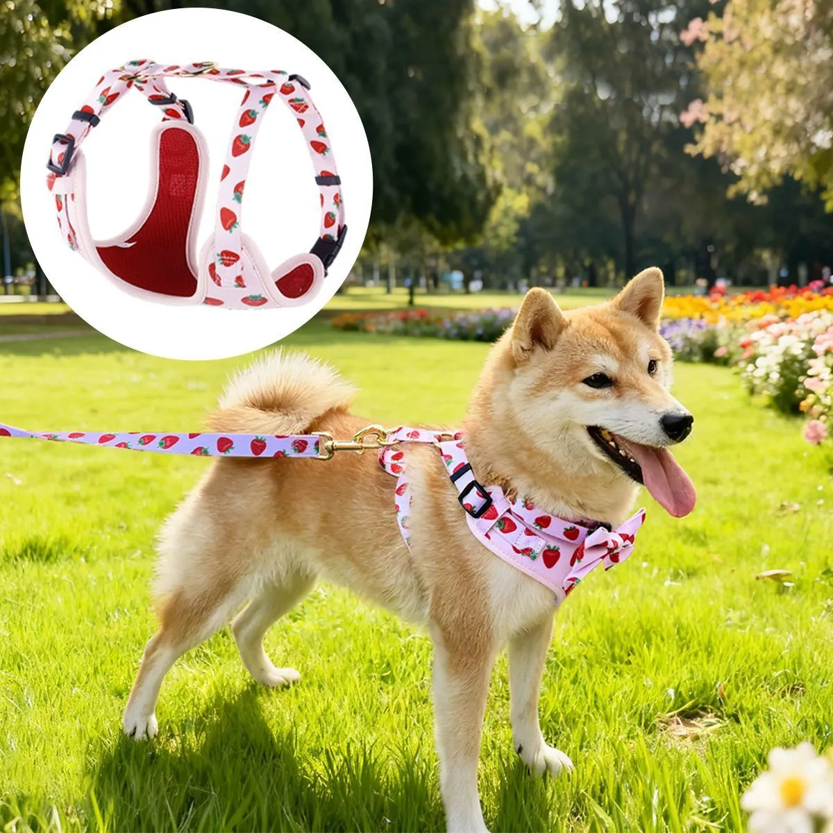 Bonito juego de accesorios para perro con estampado de fresas: arnés ajustable, collar, correa y soporte para bolsa de excrementos | Malla transpirable, hebilla resistente, diseño personalizable para perros pequeños y medianos 1