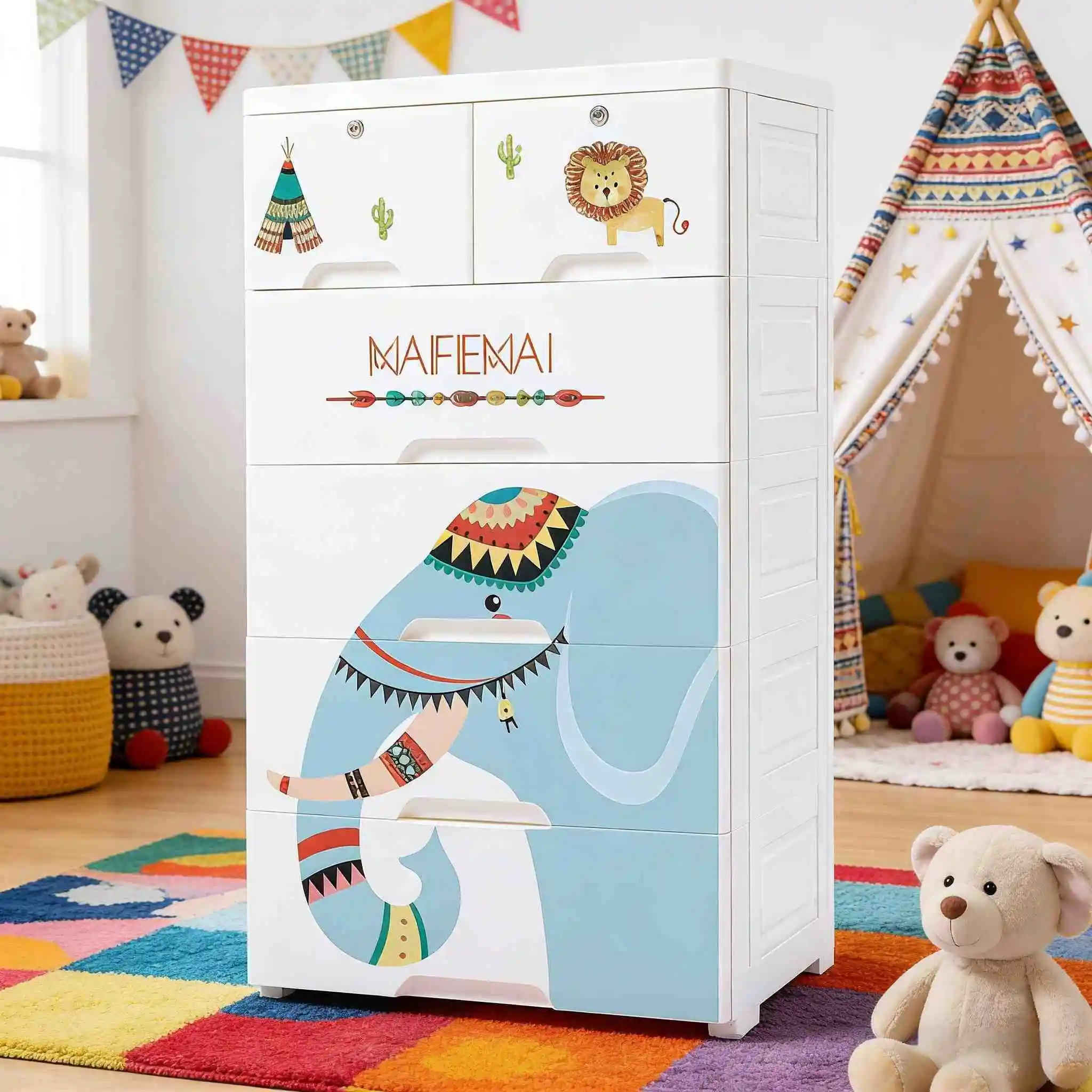 Elephant Cartoon Storage Layer Cabinet | Modular 5-Tier Kids Wardrobe with Drawers 1