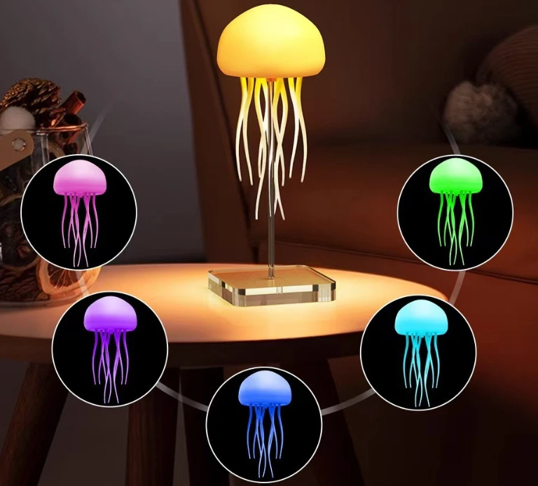 LED Cute Jellyfish Night Light Strip with Dancing Tentacles, RGB Gradient Jellyfish Lamp Rechargeable Bedside Light Strip with Touch Sensor (Hanging + Base) 1