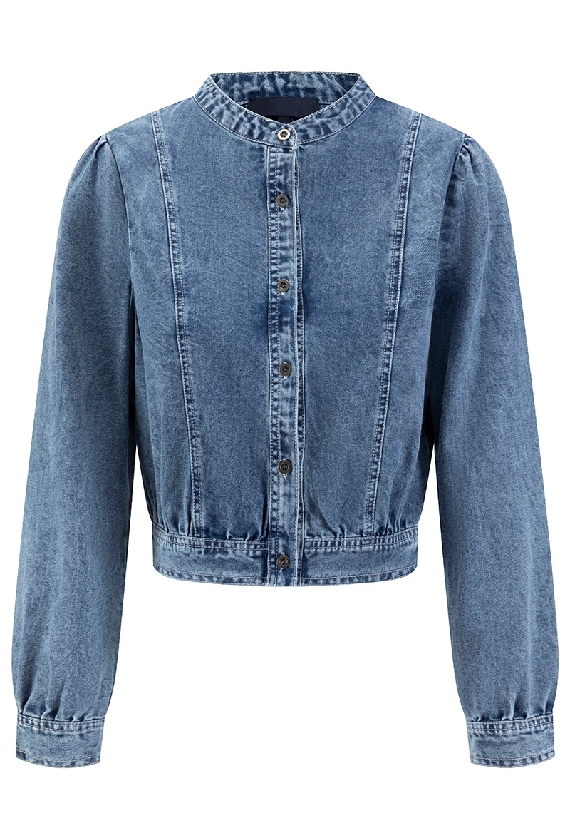 Light Blue Denim Stand-Collar Puff-Sleeve Contrast-Stitching Cinched-Waist Cropped Jacket Vepeen Apparel 1