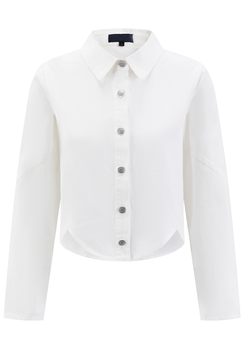 White Twill Collared Button-Front Side-Slit Cropped Long-Sleeve Shirt Vepeen Apparel 1