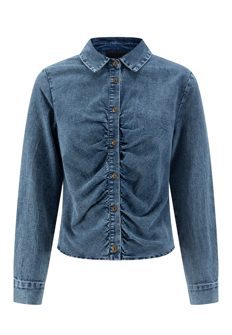 Wash Blue Denim Collared Button-Front Ruched Cropped Long-Sleeve Shirt Vepeen Apparel 1