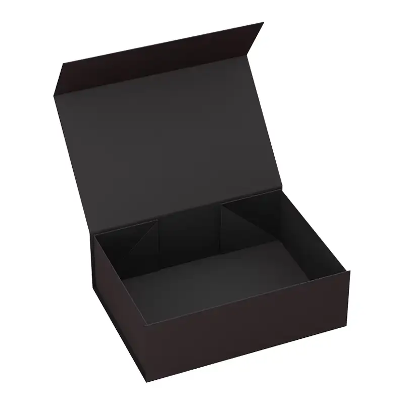 علبة هدايا قابلة للطي مغناطيسياً بشعار مخصص عالي الجودة، مصنوعة من ورق مقوى أسود نقي مزخرف بنقوش بارزة، ومغلفة بورق لامع غير لامع. 1