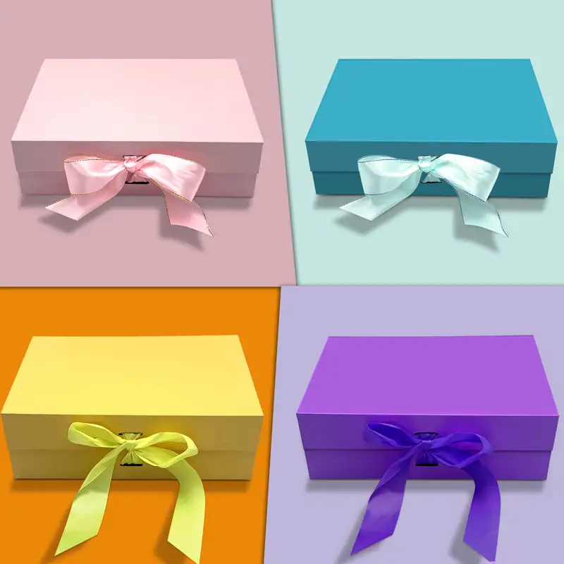 علبة هدايا فاخرة قابلة للطي مغناطيسياً، مصنوعة حسب الطلب، من ورق عالي الجودة، مناسبة لتغليف الملابس والطعام، مزينة بشريط، ومغلفة بطبقة لامعة منقوشة. 1